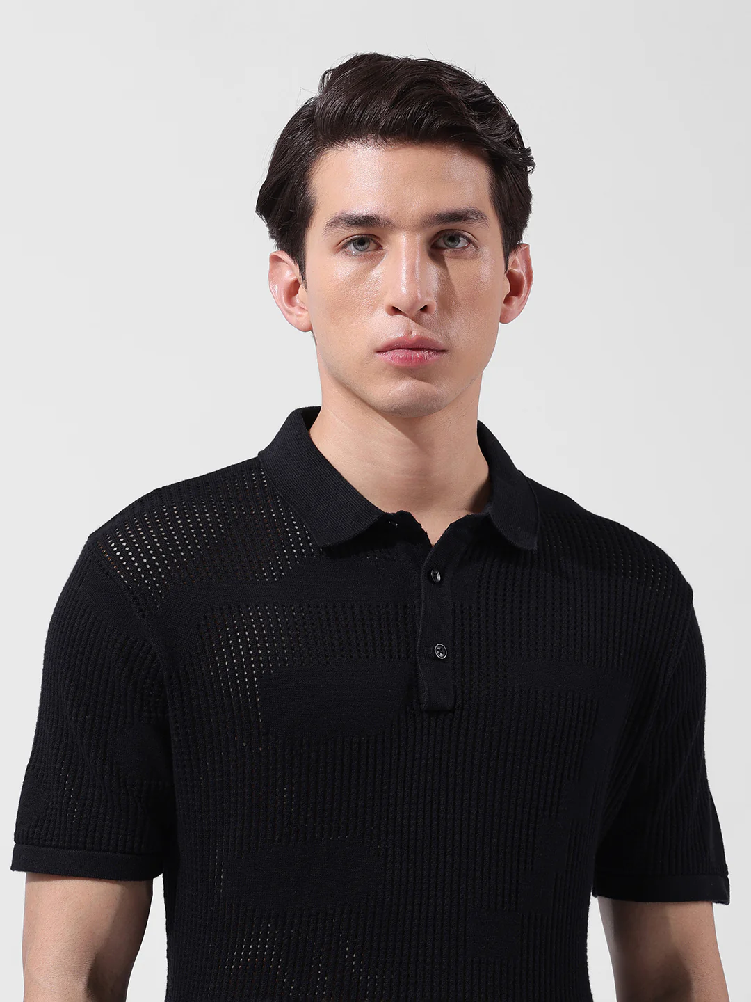 Men's Black Slim Fit Solid Flat Knit Polo T-Shirt - Image 6