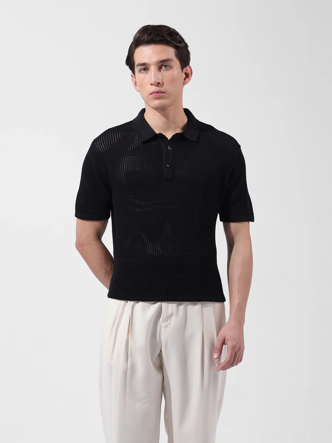 Men's Black Slim Fit Solid Flat Knit Polo T-Shirt - Image 7