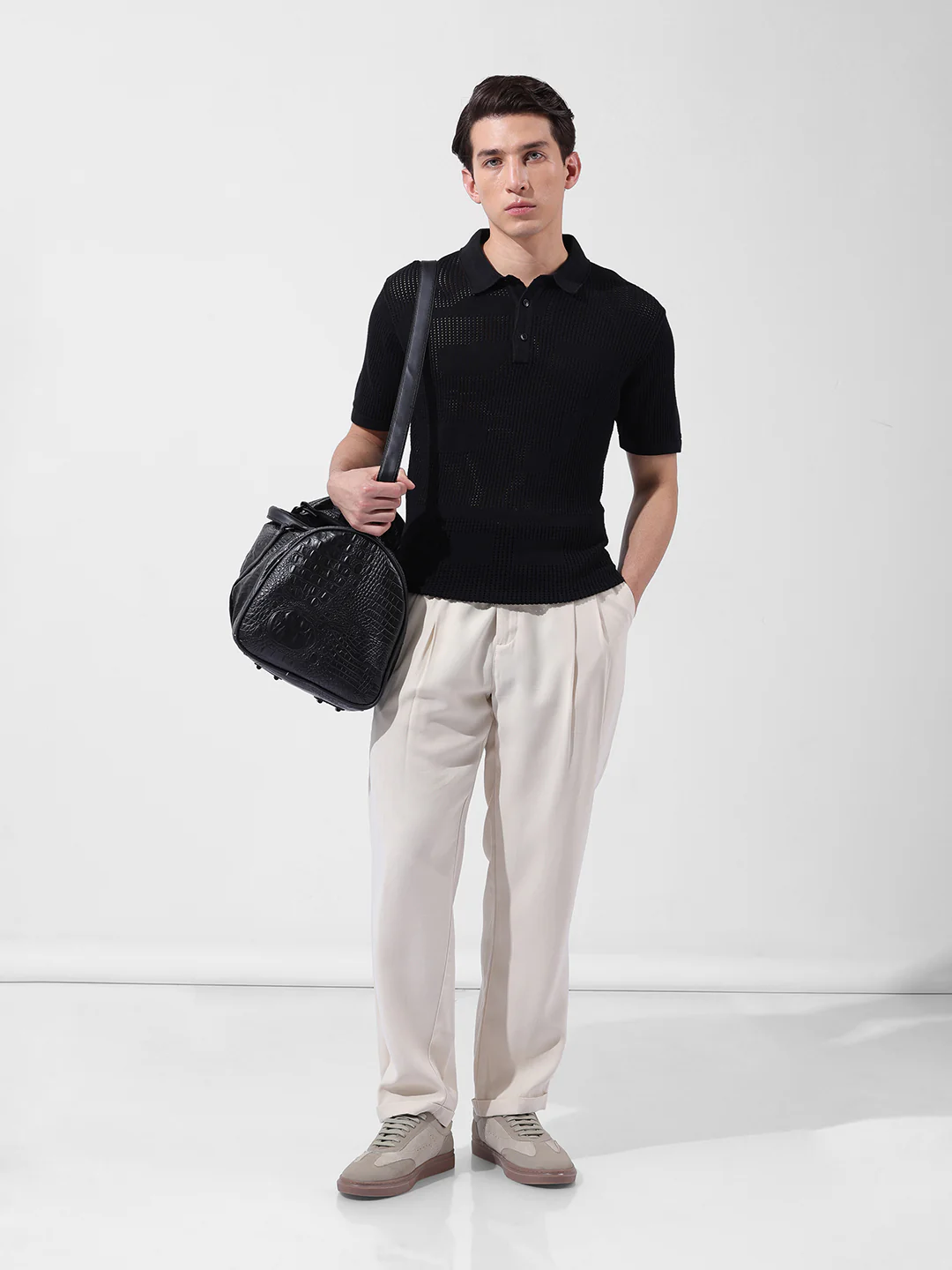 Men's Black Slim Fit Solid Flat Knit Polo T-Shirt - Image 8