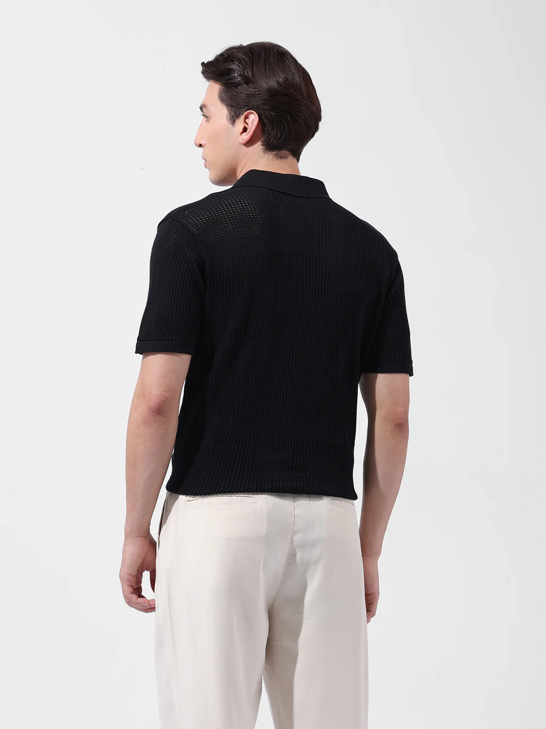 Men's Black Slim Fit Solid Flat Knit Polo T-Shirt - Image 9