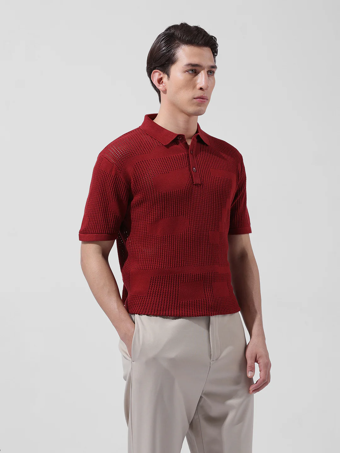 Men's Maroon Slim Fit Striped Flat Knit Polo T-Shirt - Image 4