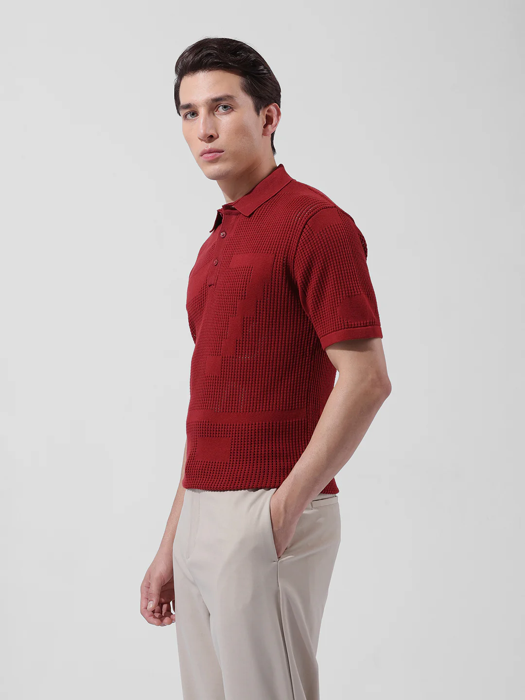 Men's Maroon Slim Fit Striped Flat Knit Polo T-Shirt - Image 5