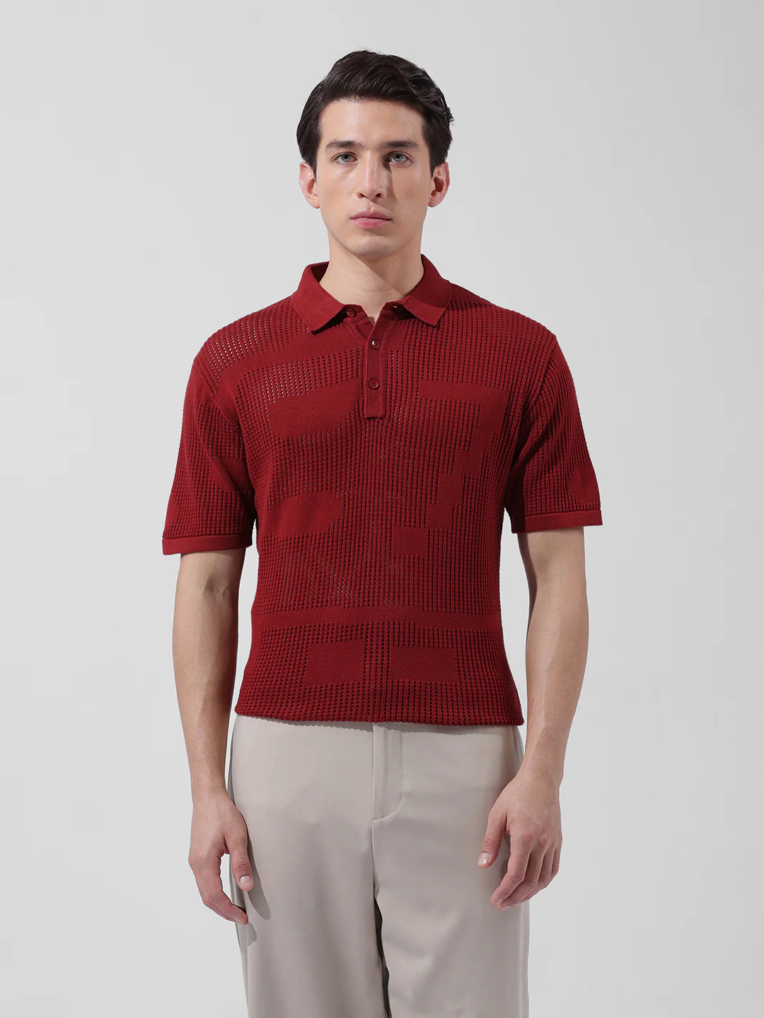 Men's Maroon Slim Fit Striped Flat Knit Polo T-Shirt - Image 7