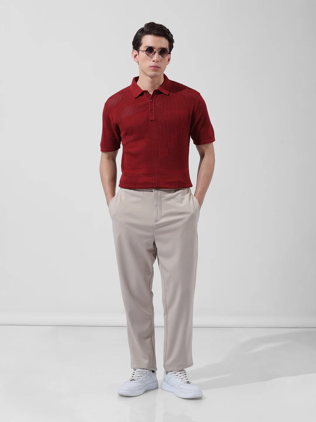 Men's Maroon Slim Fit Striped Flat Knit Polo T-Shirt - Image 8
