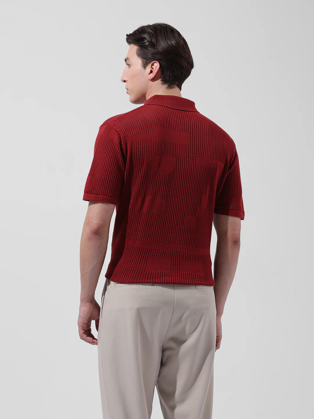 Men's Maroon Slim Fit Striped Flat Knit Polo T-Shirt - Image 9