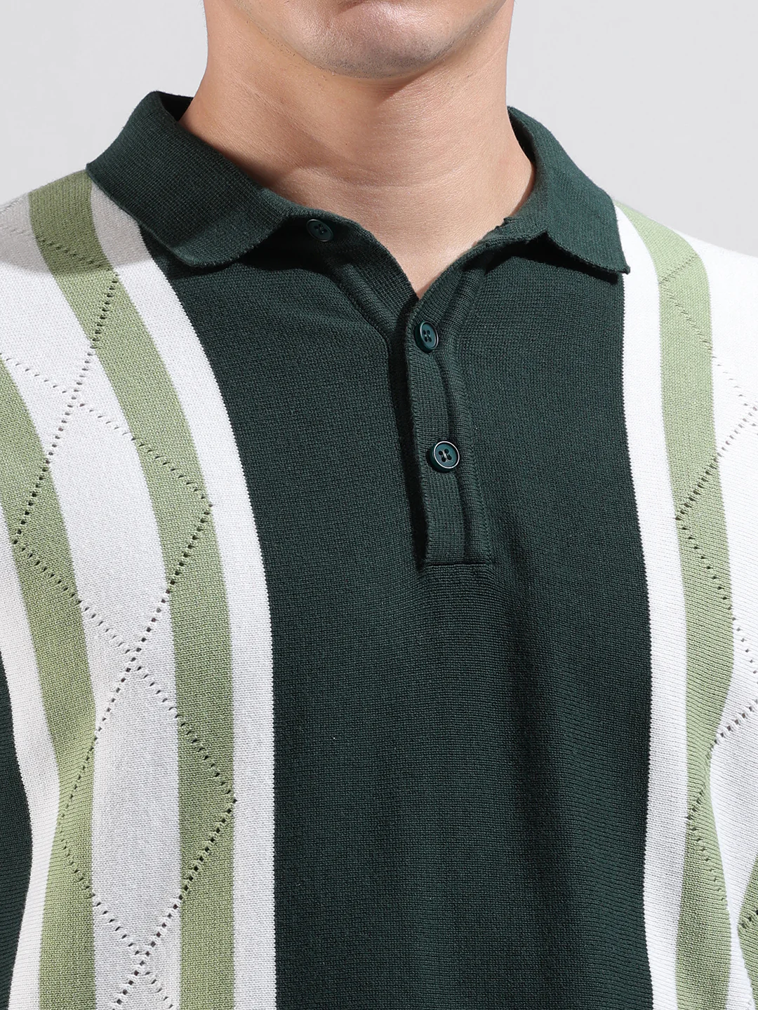 Men's Green Slim Fit Striped Flat Knit Polo T-Shirt - Image 3