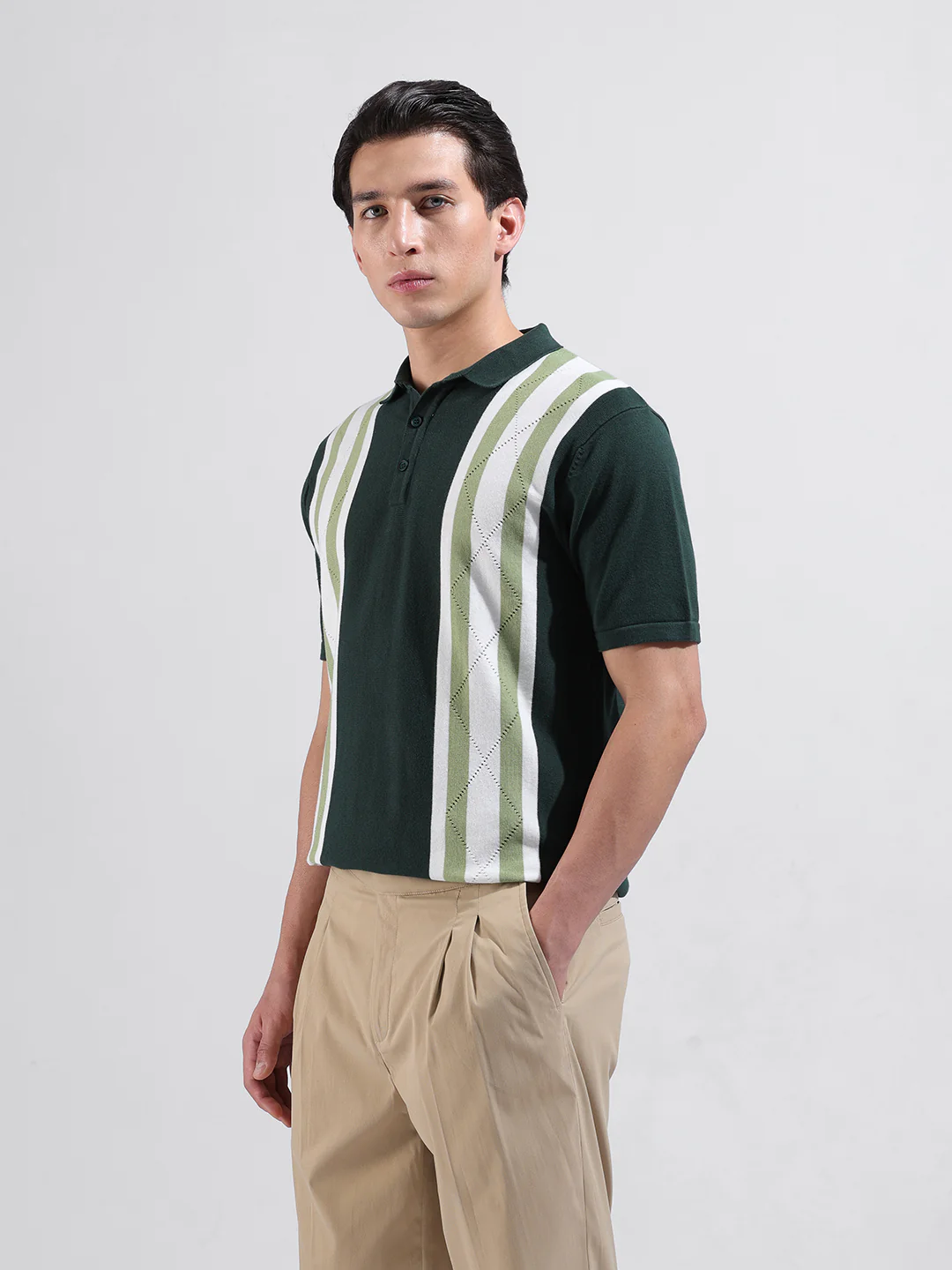 Men's Green Slim Fit Striped Flat Knit Polo T-Shirt - Image 4