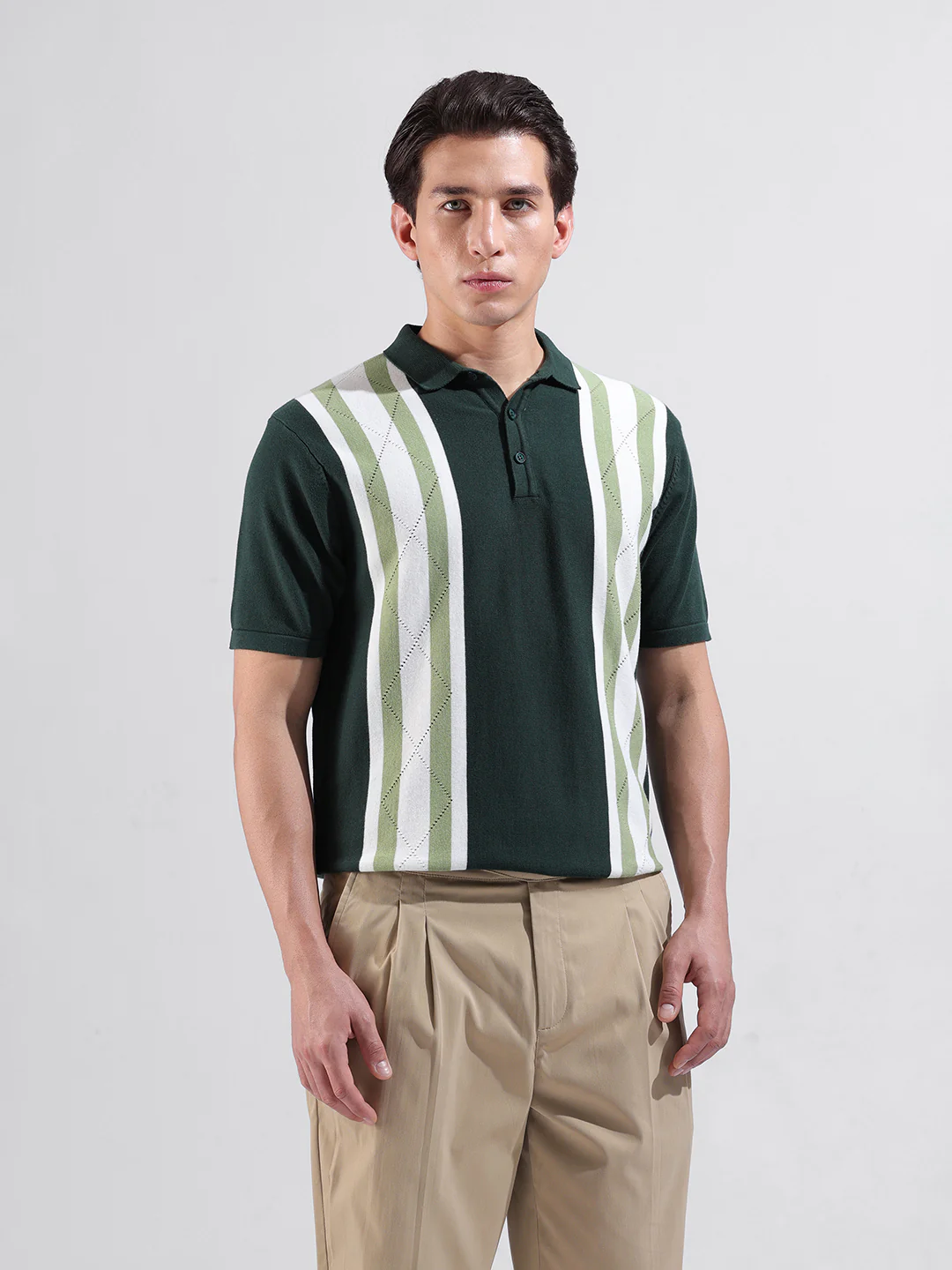 Men's Green Slim Fit Striped Flat Knit Polo T-Shirt - Image 5