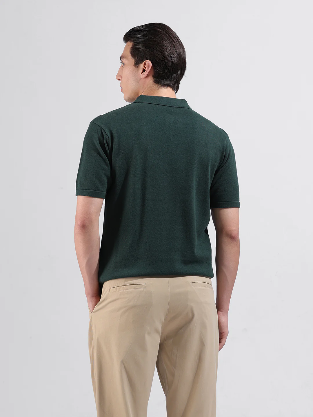 Men's Green Slim Fit Striped Flat Knit Polo T-Shirt - Image 7