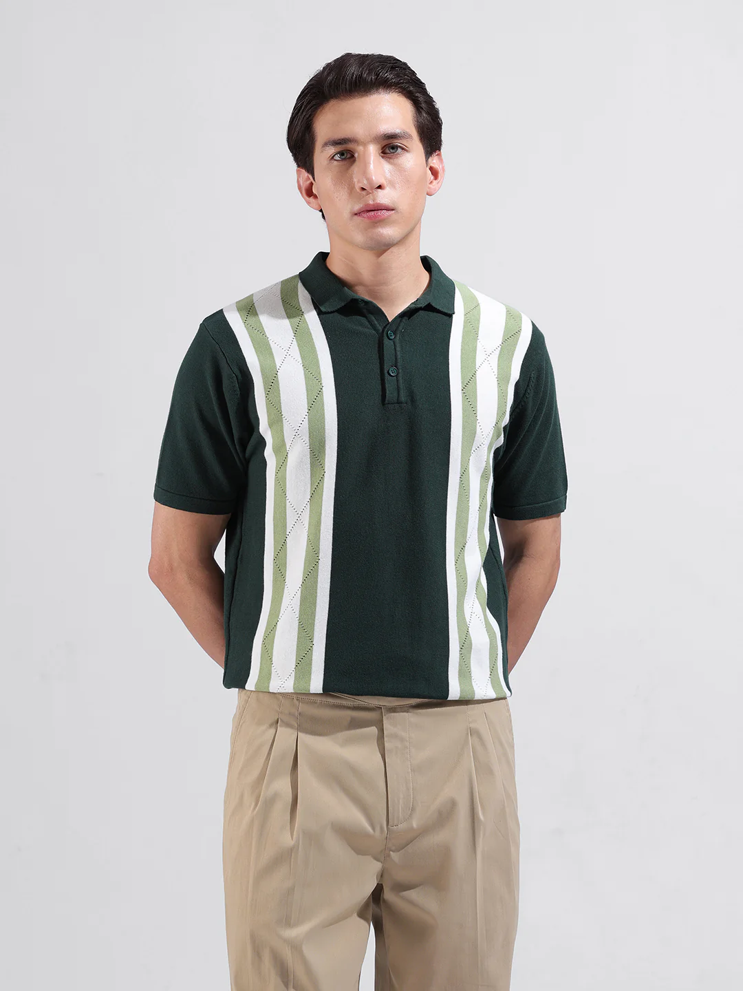 Men's Green Slim Fit Striped Flat Knit Polo T-Shirt - Image 9
