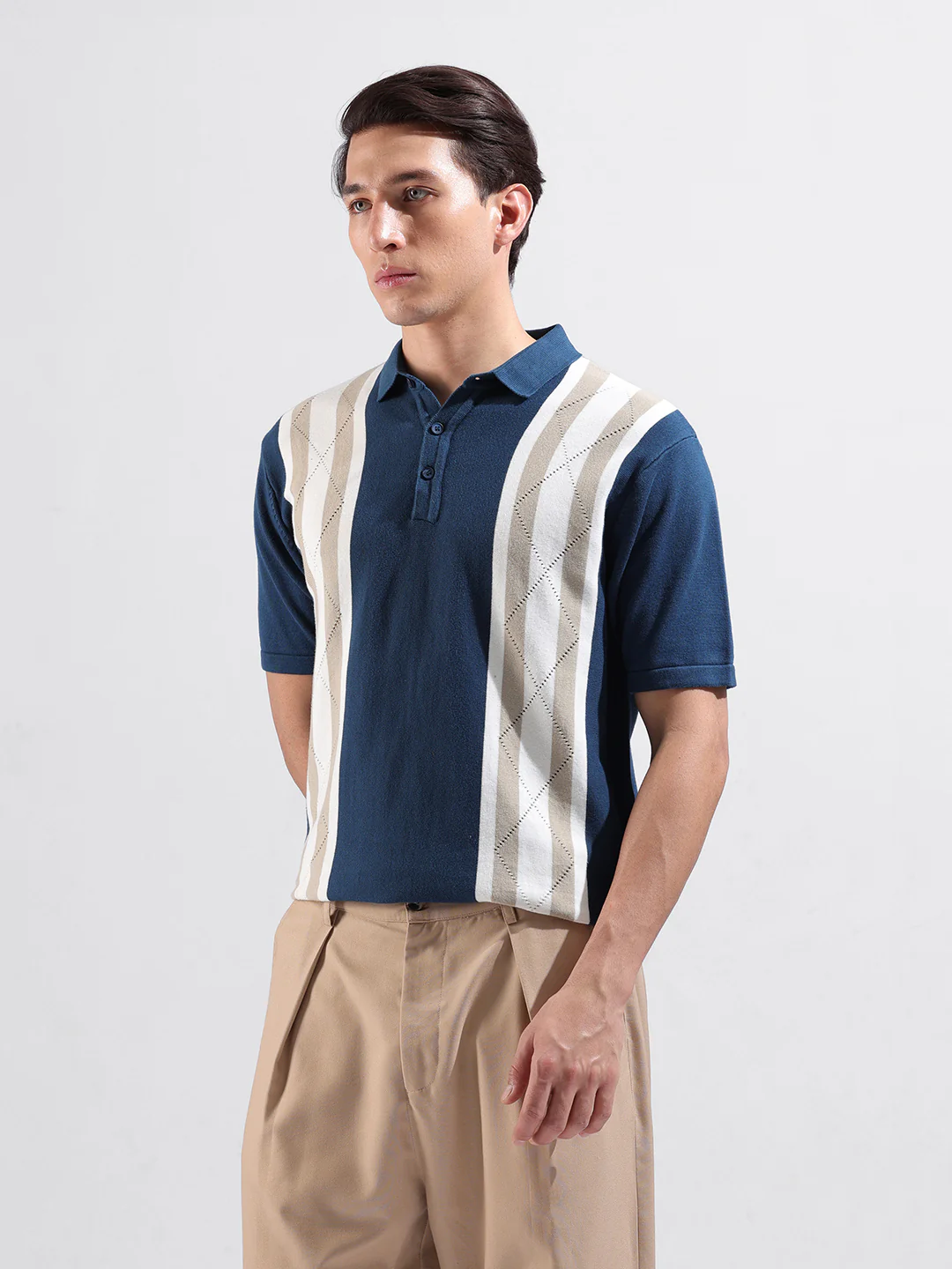 Men's Blue Slim Fit Colourblocked Flat Knit Polo T-Shirt - Image 5