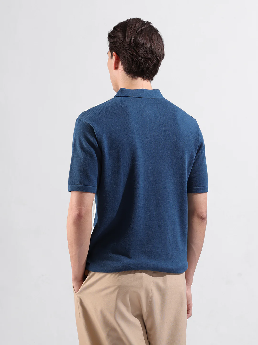 Men's Blue Slim Fit Colourblocked Flat Knit Polo T-Shirt - Image 7