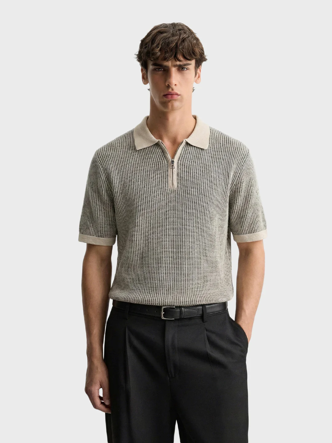 Men's Black Slim Fit Solid Flat Knit Polo T-Shirt - Image 2