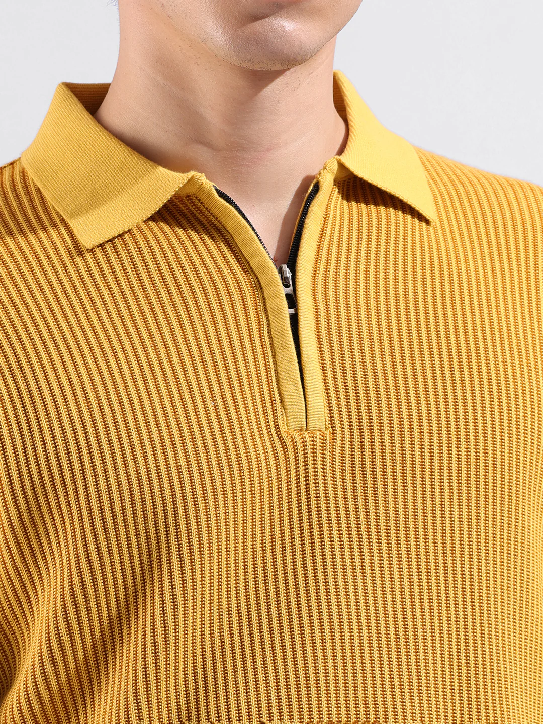 Men's Yellow Slim Fit Striped Flat Knit Polo T-Shirt - Image 3