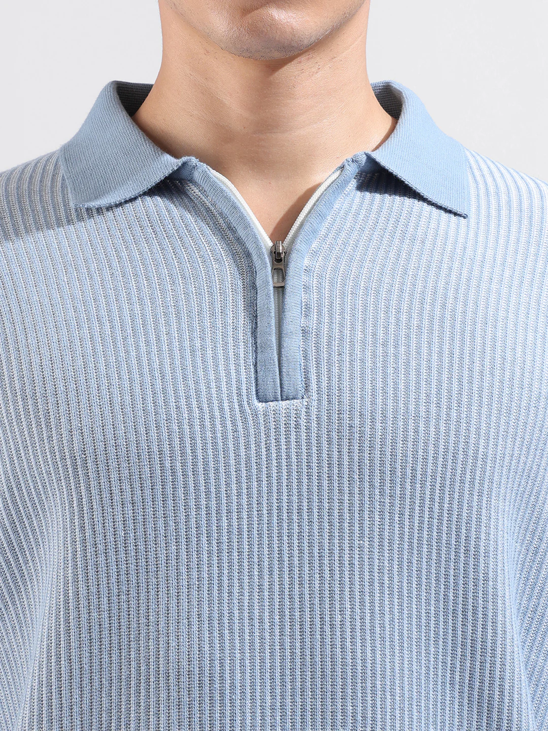 Men's Blue Slim Fit Solid Flat Knit Polo T-Shirt - Image 3