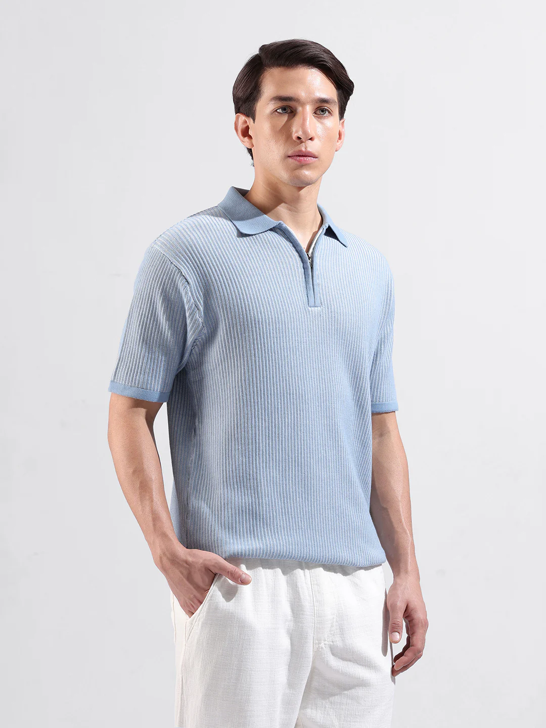 Men's Blue Slim Fit Solid Flat Knit Polo T-Shirt - Image 4