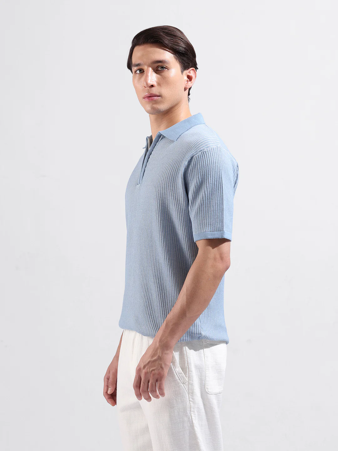 Men's Blue Slim Fit Solid Flat Knit Polo T-Shirt - Image 5