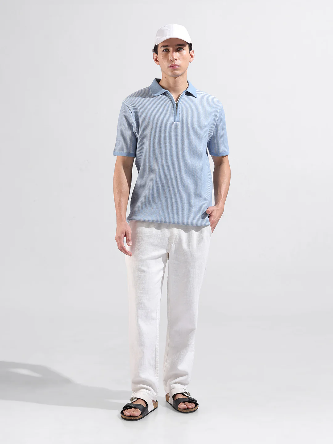 Men's Blue Slim Fit Solid Flat Knit Polo T-Shirt - Image 6