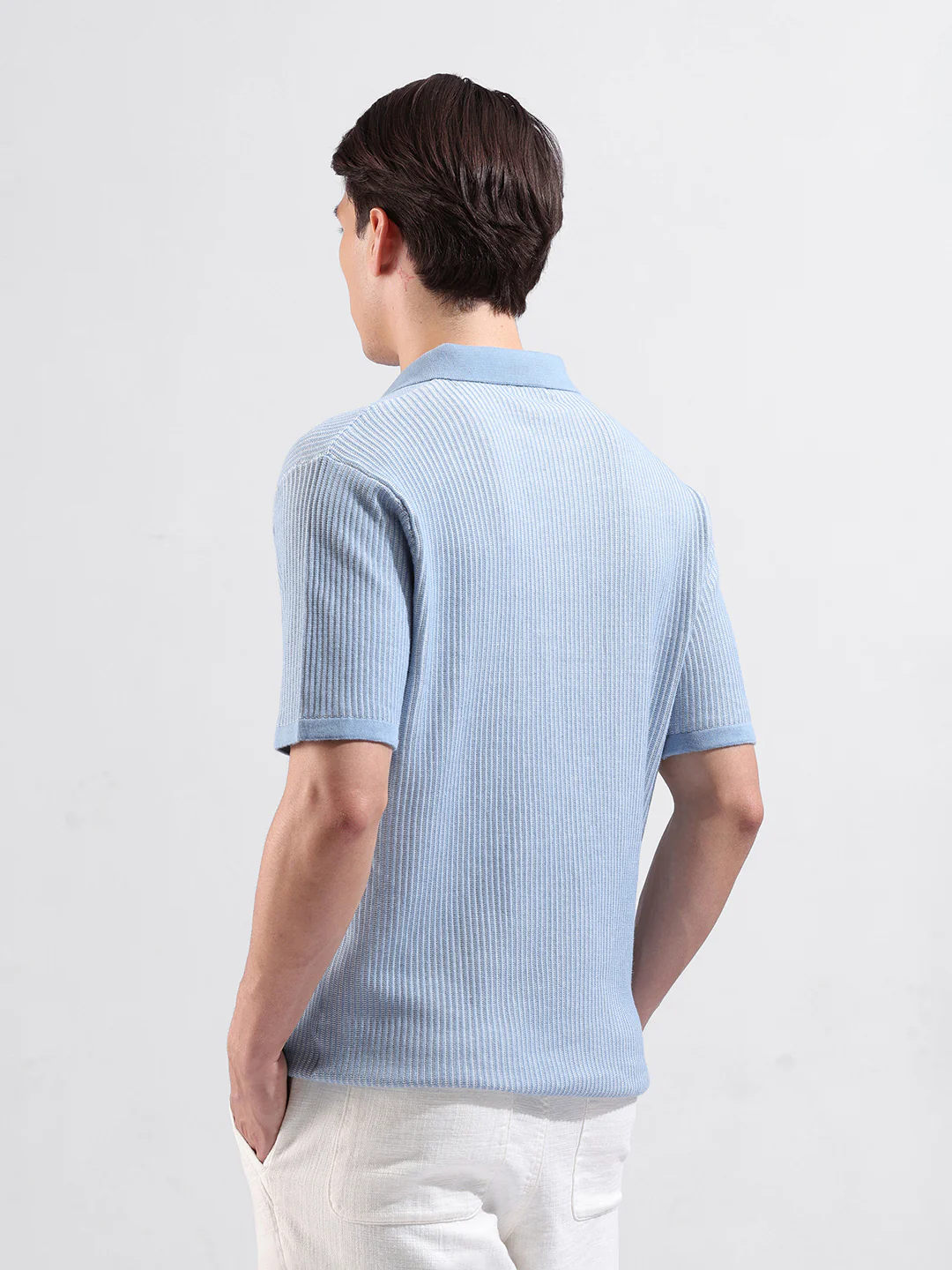 Men's Blue Slim Fit Solid Flat Knit Polo T-Shirt - Image 7
