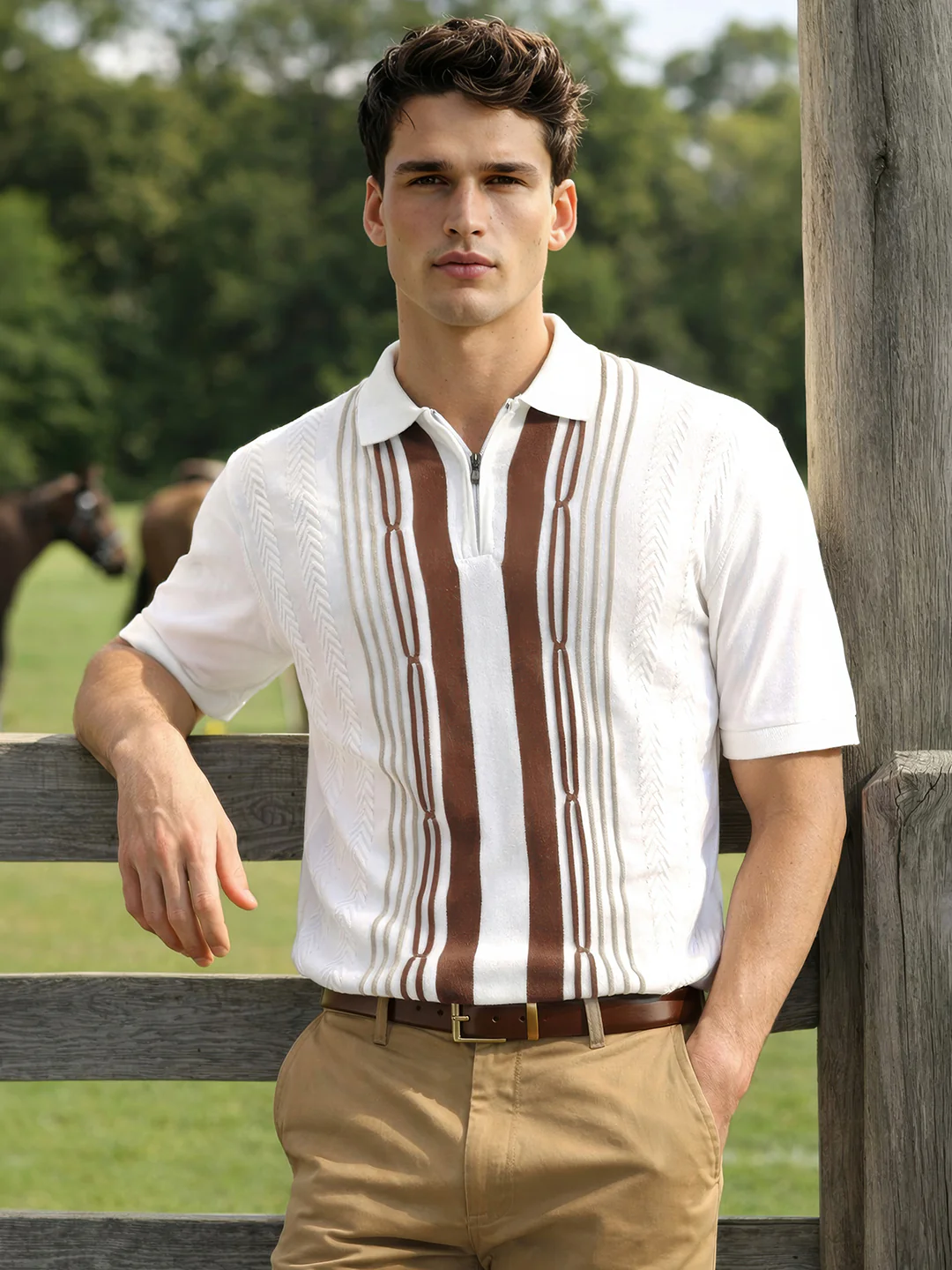 Men's White Slim Fit Colourblocked Flat Knit Polo T-Shirt