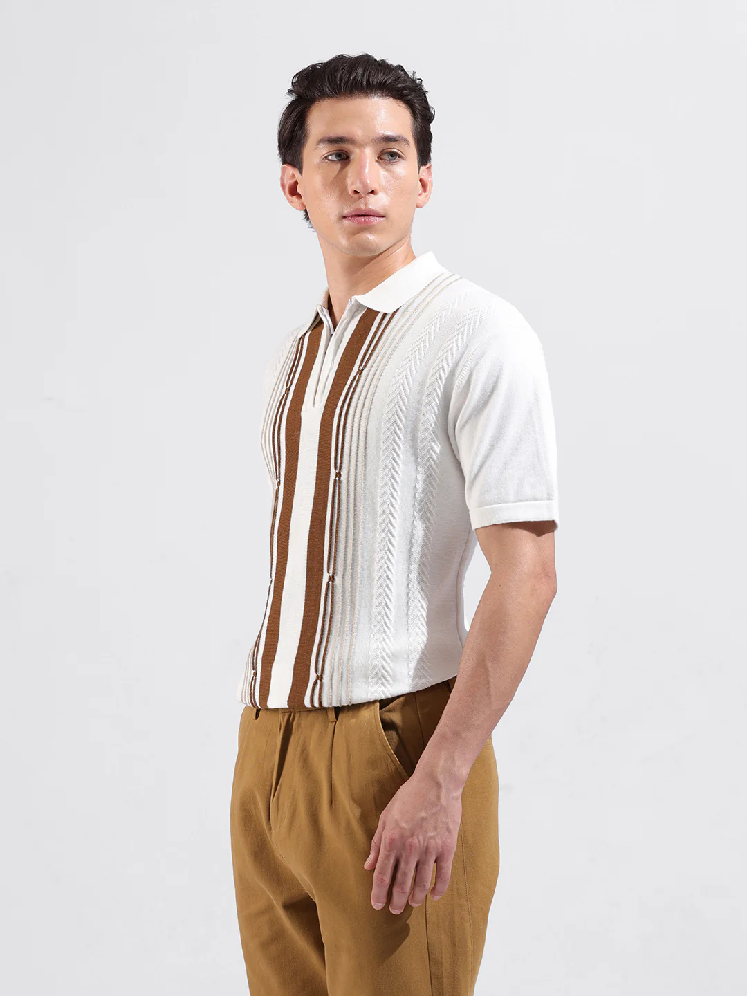 Men's White Slim Fit Colourblocked Flat Knit Polo T-Shirt - Image 5