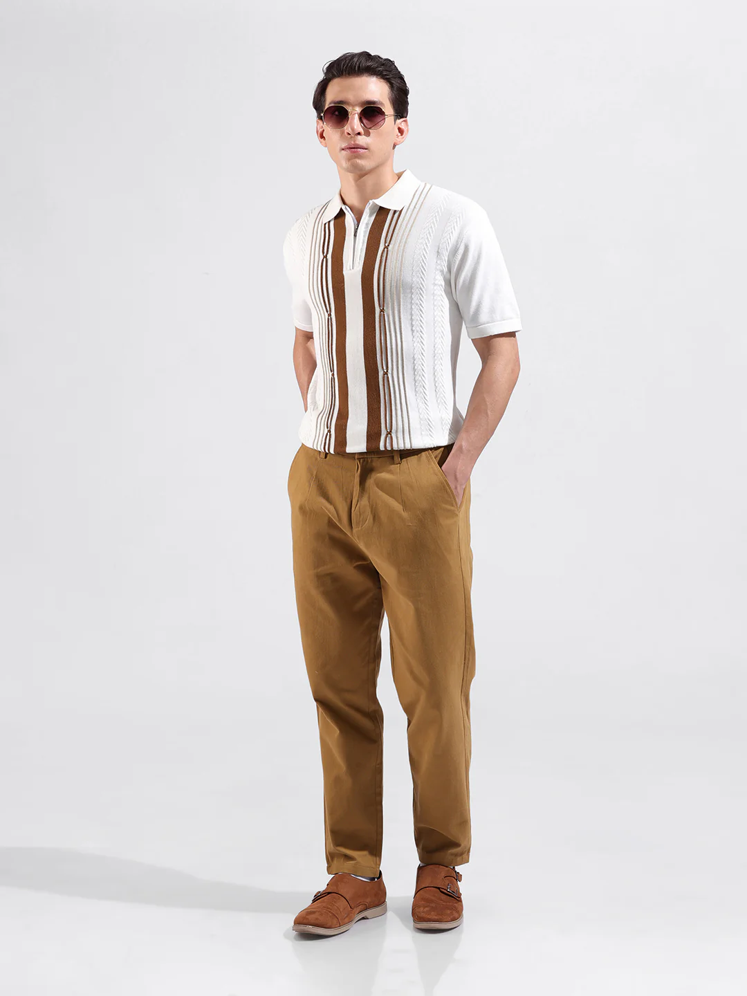 Men's White Slim Fit Colourblocked Flat Knit Polo T-Shirt - Image 6
