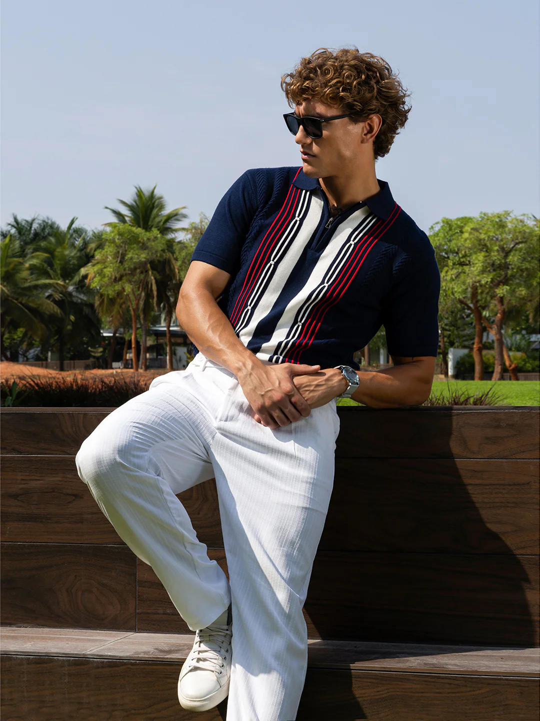 Men's Navy Blue Slim Fit Colourblocked Flat Knit Polo T-Shirt