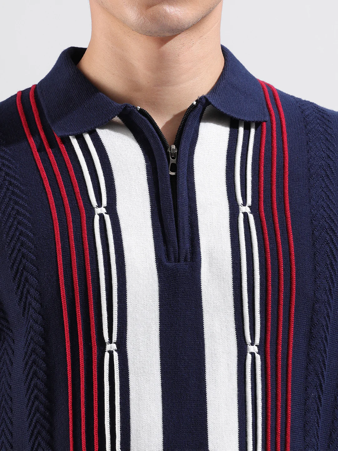 Men's Navy Blue Slim Fit Colourblocked Flat Knit Polo T-Shirt - Image 3