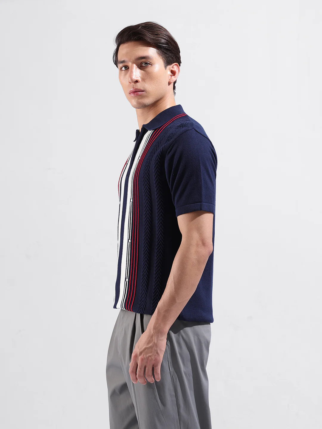 Men's Navy Blue Slim Fit Colourblocked Flat Knit Polo T-Shirt - Image 5