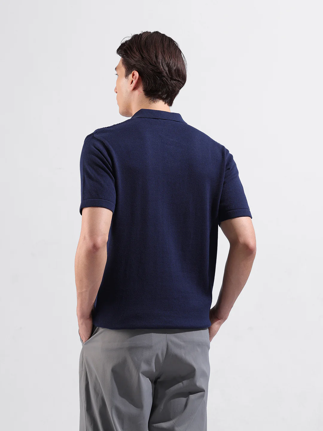 Men's Navy Blue Slim Fit Colourblocked Flat Knit Polo T-Shirt - Image 6
