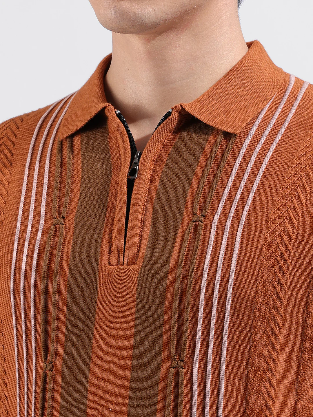 Men's Rust Slim Fit Colourblocked Flat Knit Polo T-Shirt - Image 3