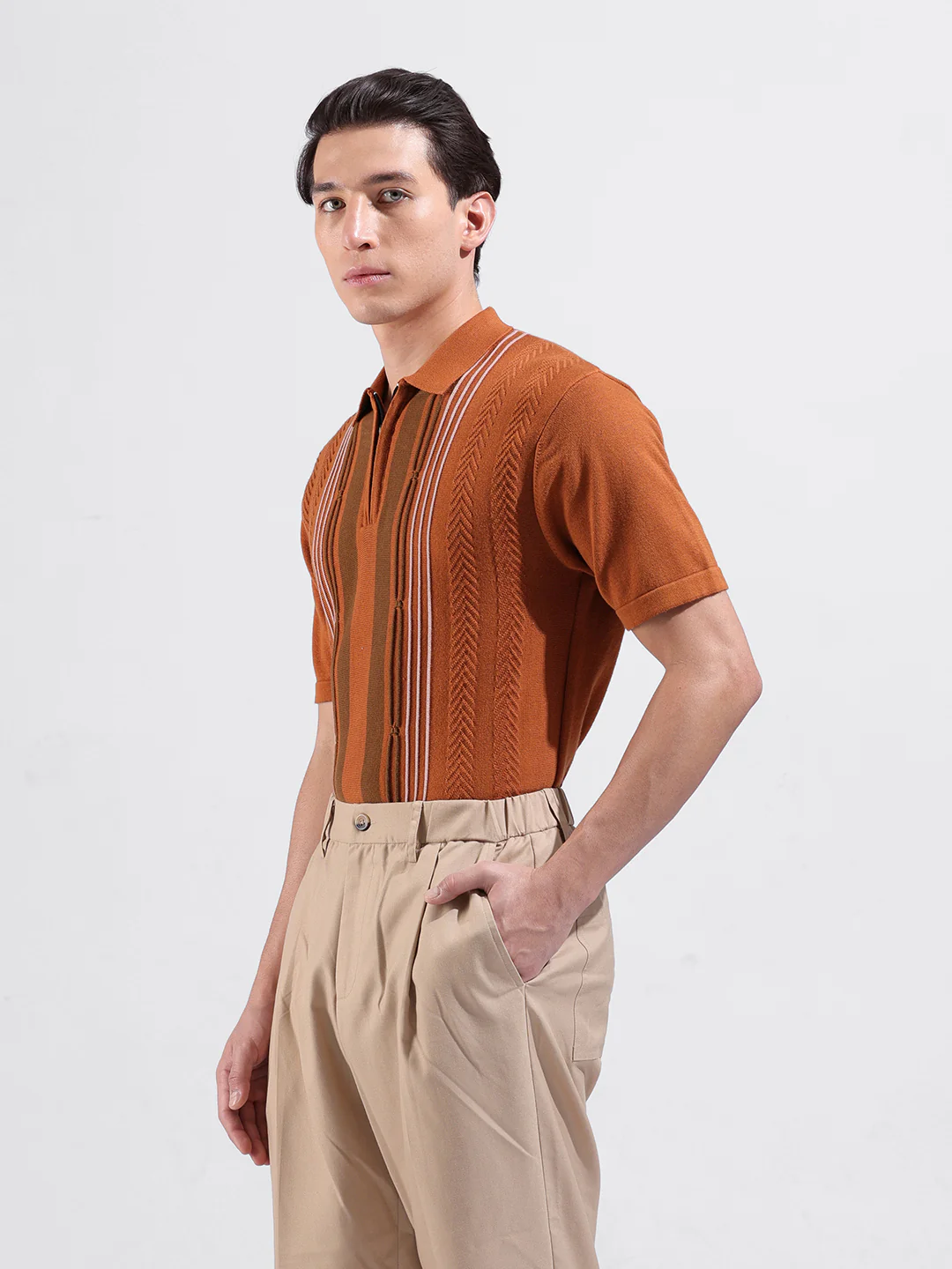 Men's Rust Slim Fit Colourblocked Flat Knit Polo T-Shirt - Image 5
