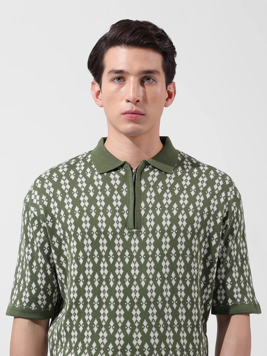 Men's Green Oversized Fit Striped Flat Knit Polo T-Shirt - Image 5