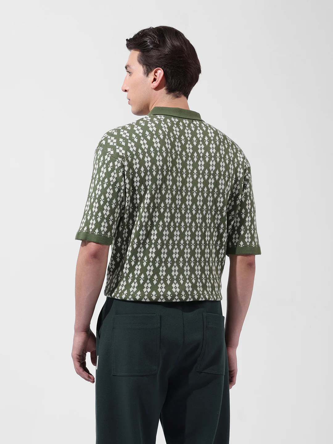 Men's Green Oversized Fit Striped Flat Knit Polo T-Shirt - Image 9