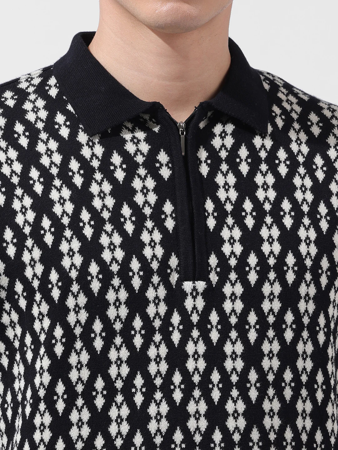 Men's Black Oversized Fit Printed Flat Knit Polo T-Shirt - Image 3