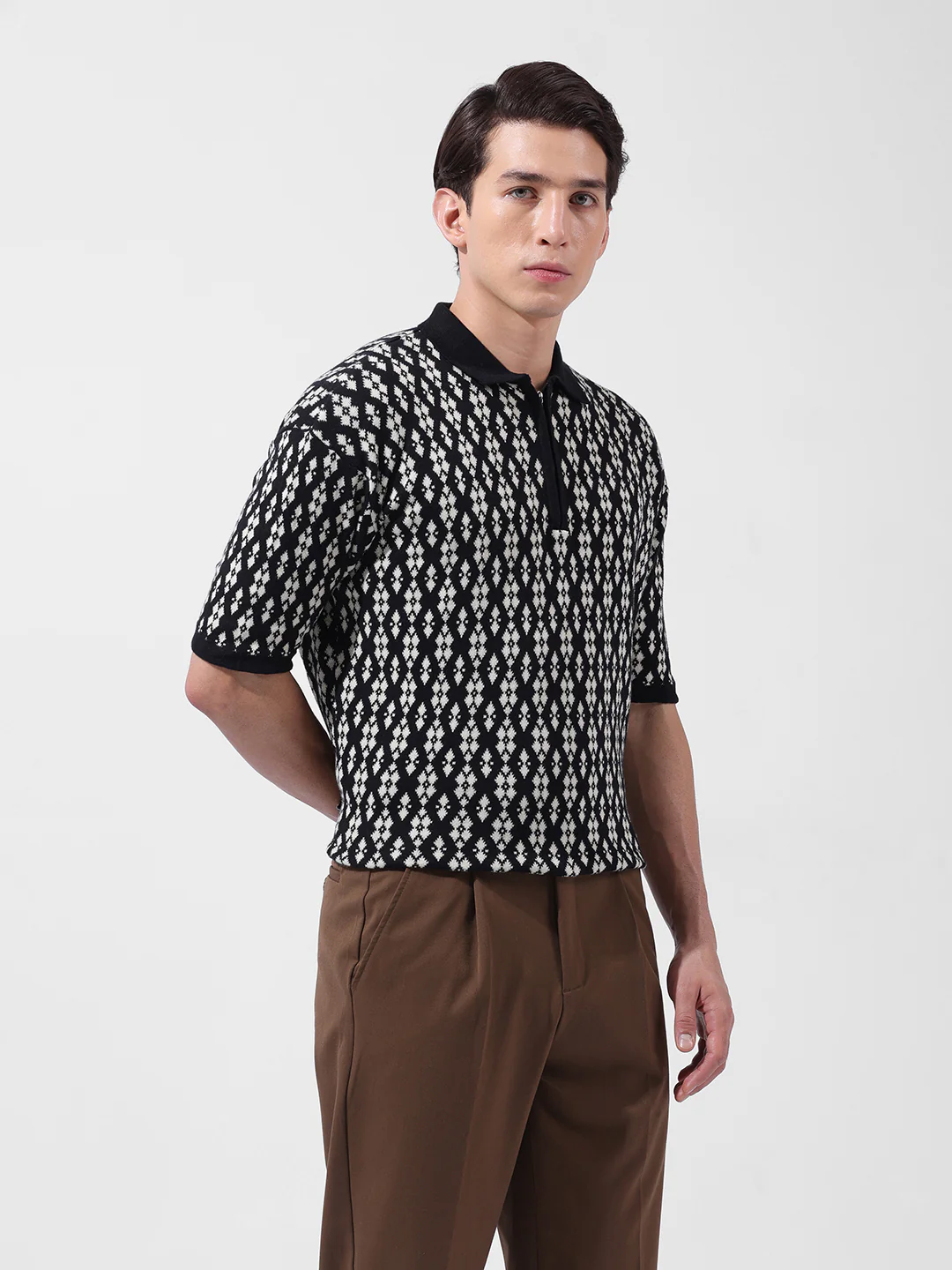 Men's Black Oversized Fit Printed Flat Knit Polo T-Shirt - Image 4