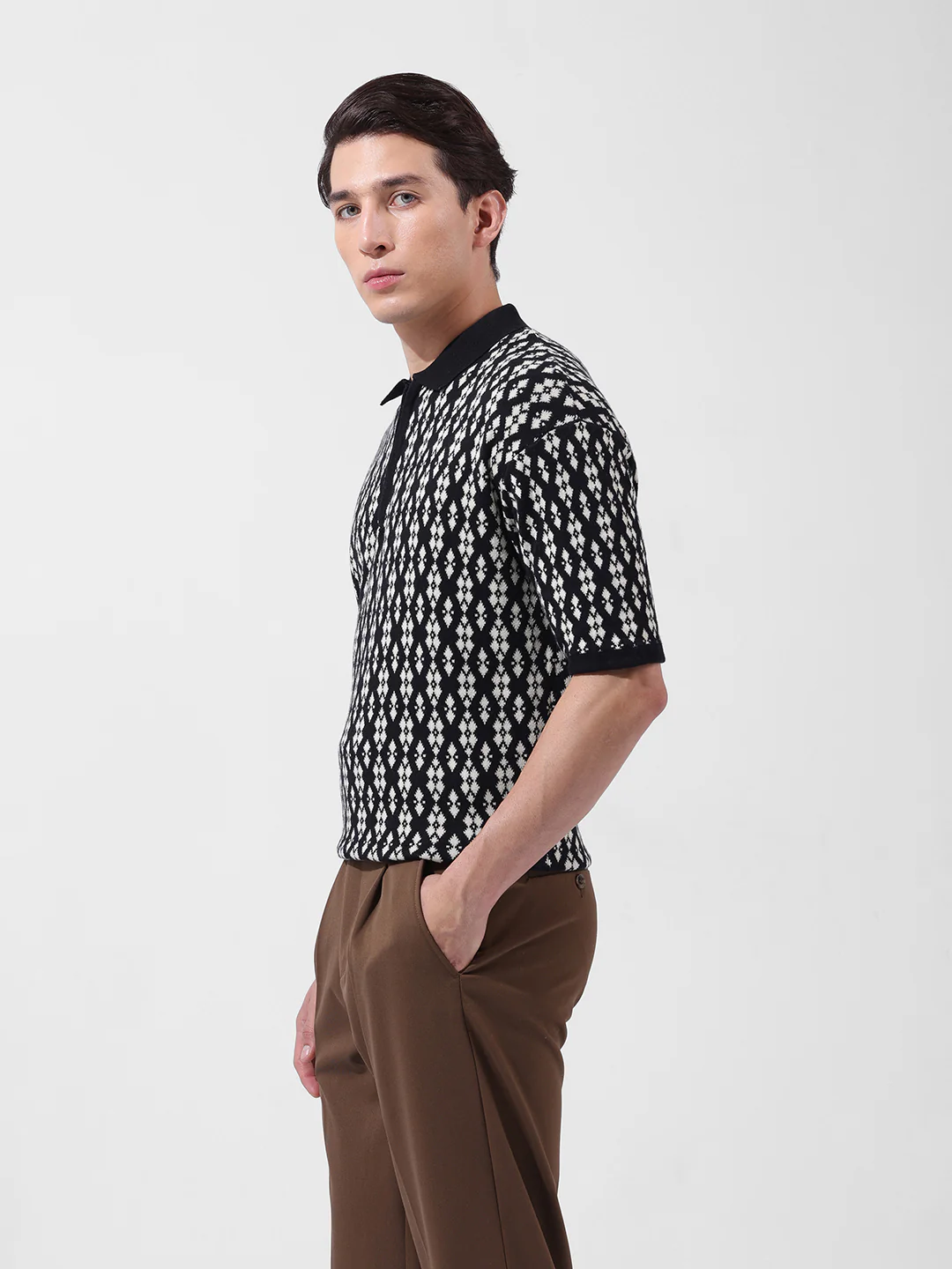 Men's Black Oversized Fit Printed Flat Knit Polo T-Shirt - Image 5