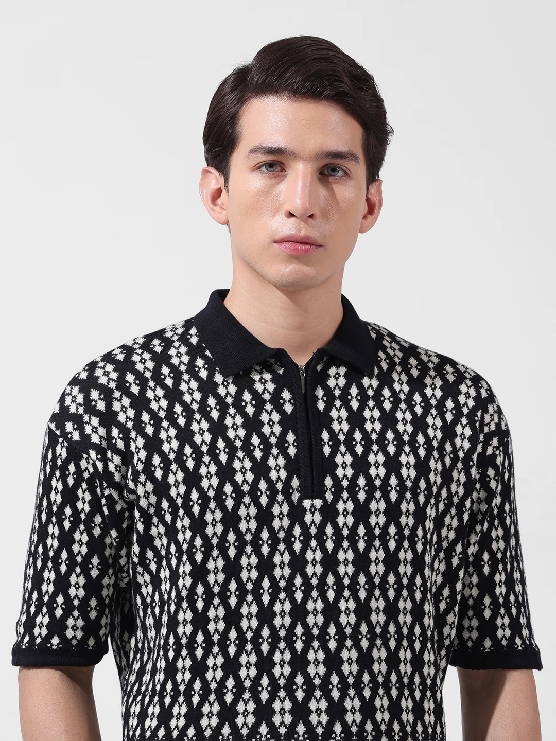Men's Black Oversized Fit Printed Flat Knit Polo T-Shirt - Image 6