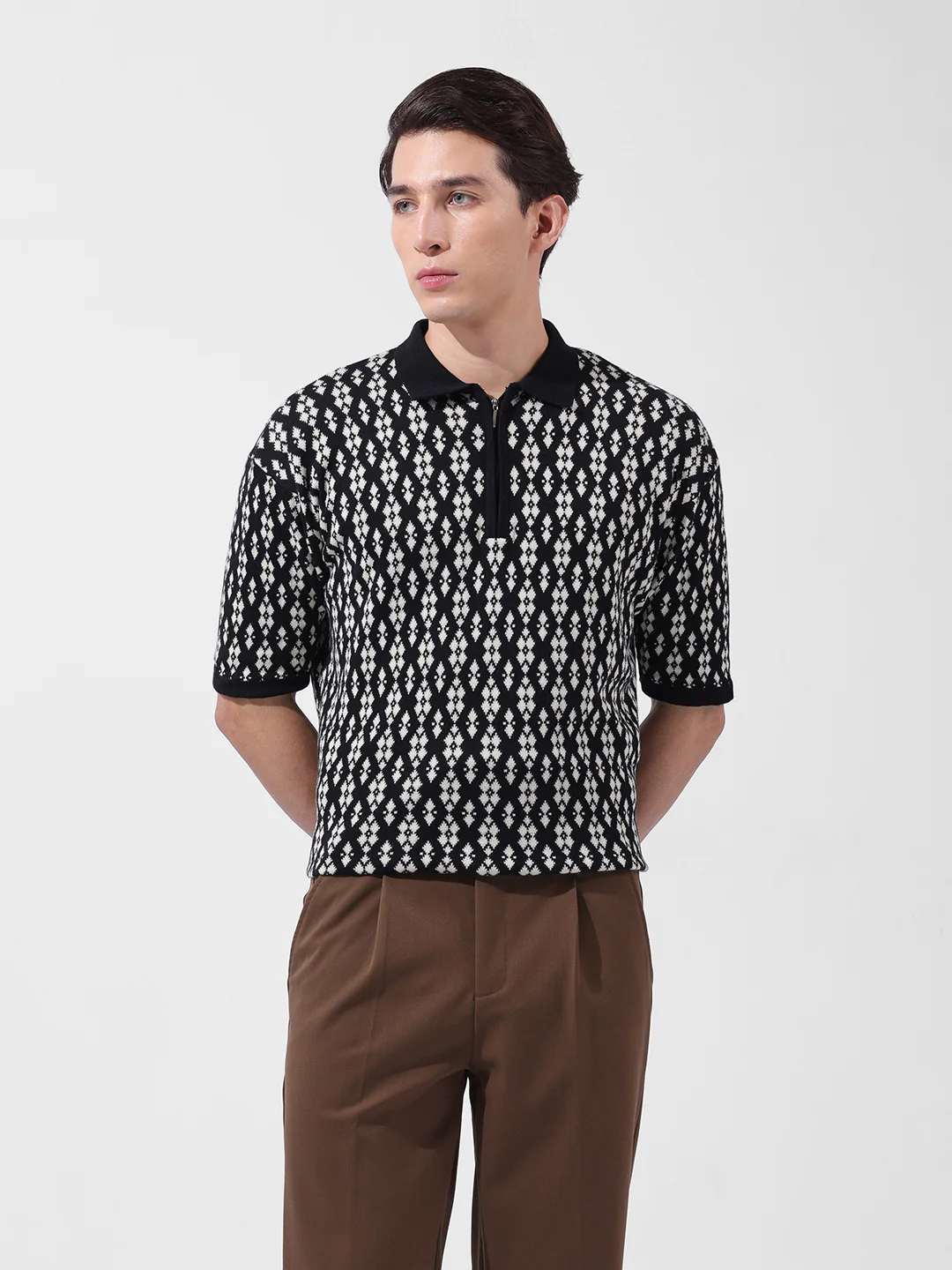 Men's Black Oversized Fit Printed Flat Knit Polo T-Shirt - Image 7
