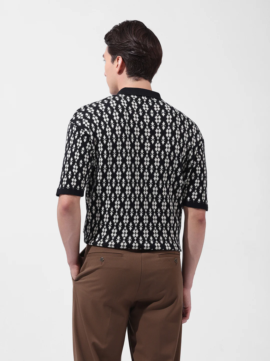 Men's Black Oversized Fit Printed Flat Knit Polo T-Shirt - Image 9