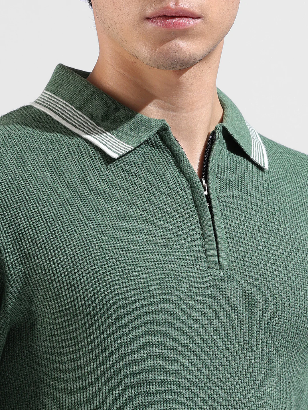 Men's Olive Slim Fit Solid Flat Knit Polo T-Shirt - Image 3