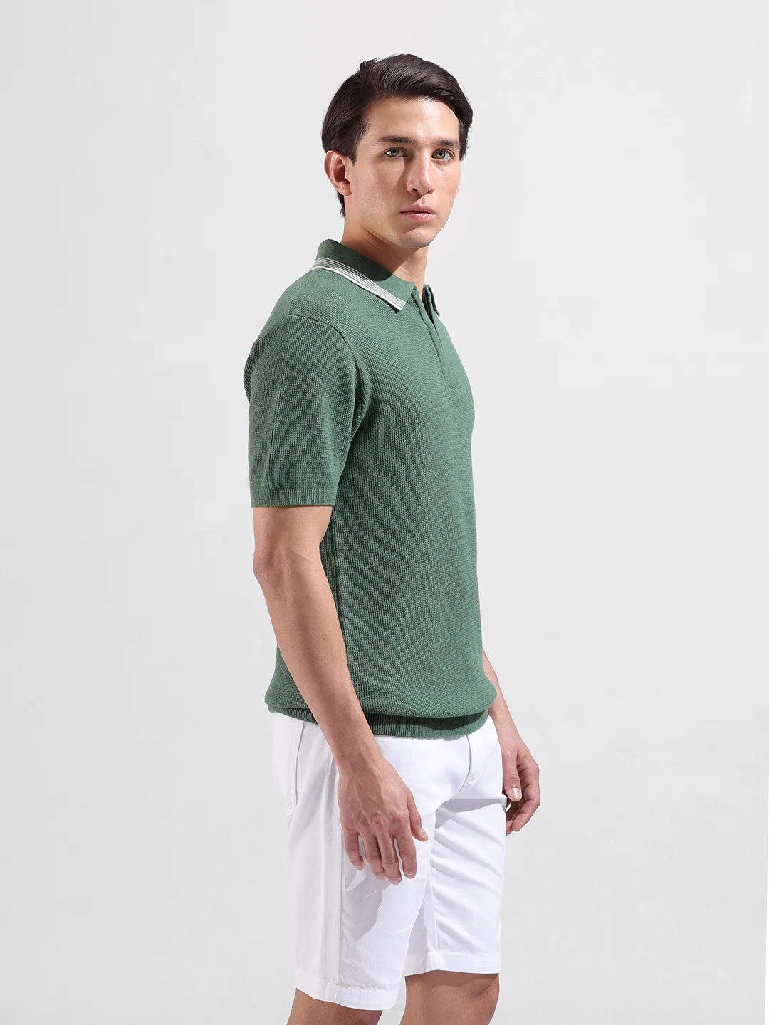 Men's Olive Slim Fit Solid Flat Knit Polo T-Shirt - Image 4