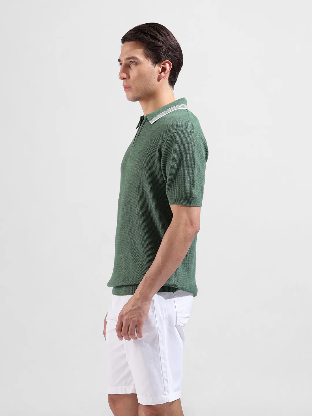 Men's Olive Slim Fit Solid Flat Knit Polo T-Shirt - Image 5