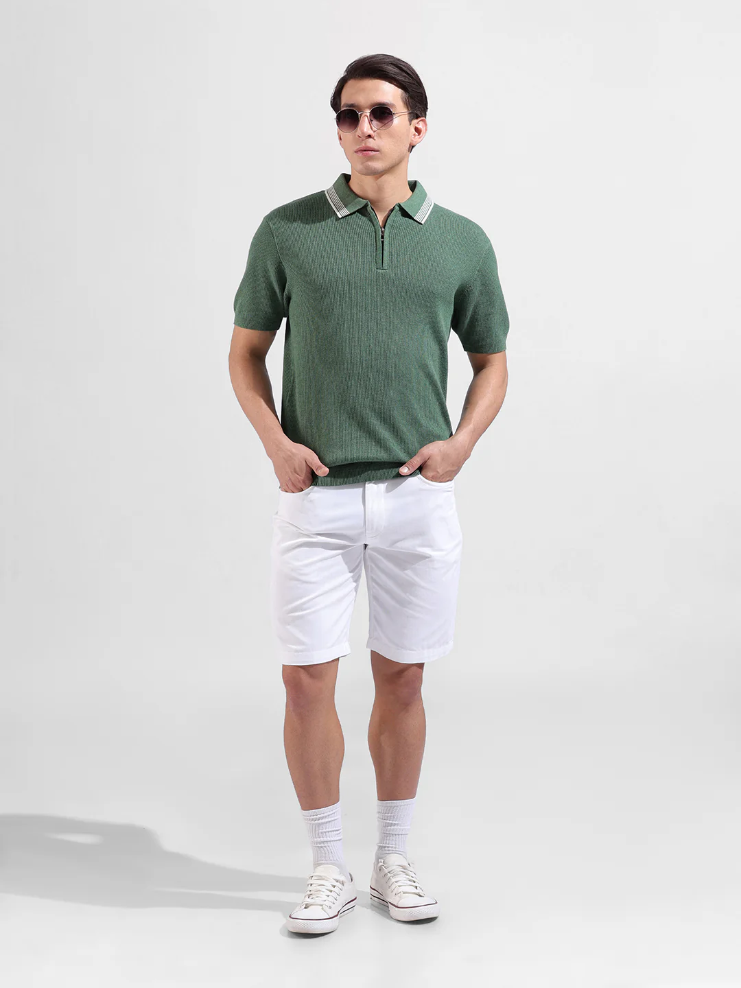 Men's Olive Slim Fit Solid Flat Knit Polo T-Shirt - Image 6