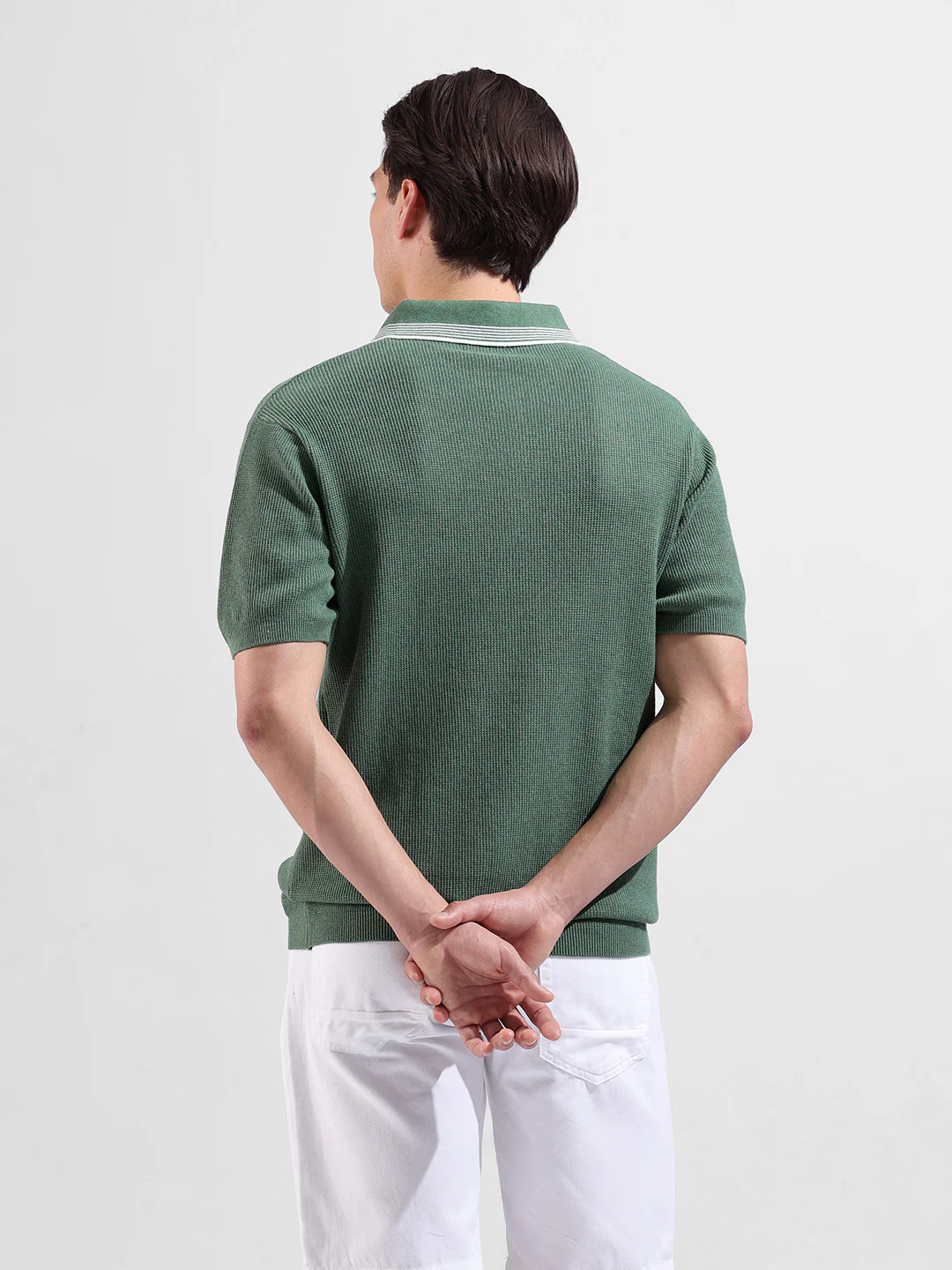 Men's Olive Slim Fit Solid Flat Knit Polo T-Shirt - Image 7