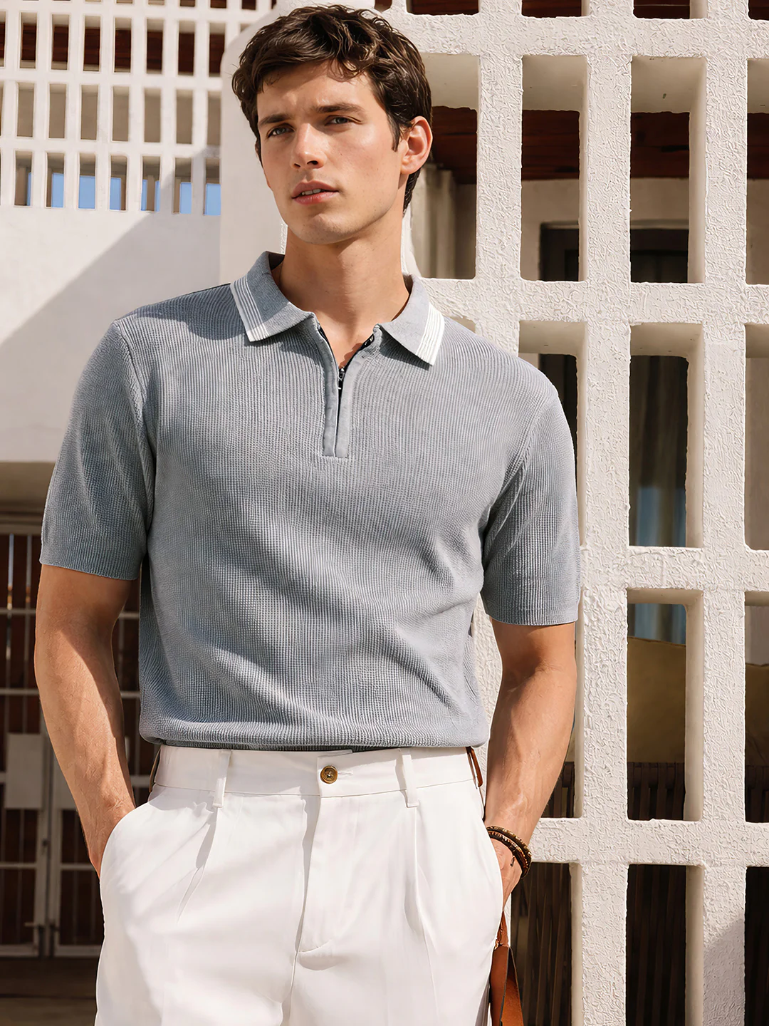 Men's Grey Slim Fit Solid Flat Knit Polo T-Shirt