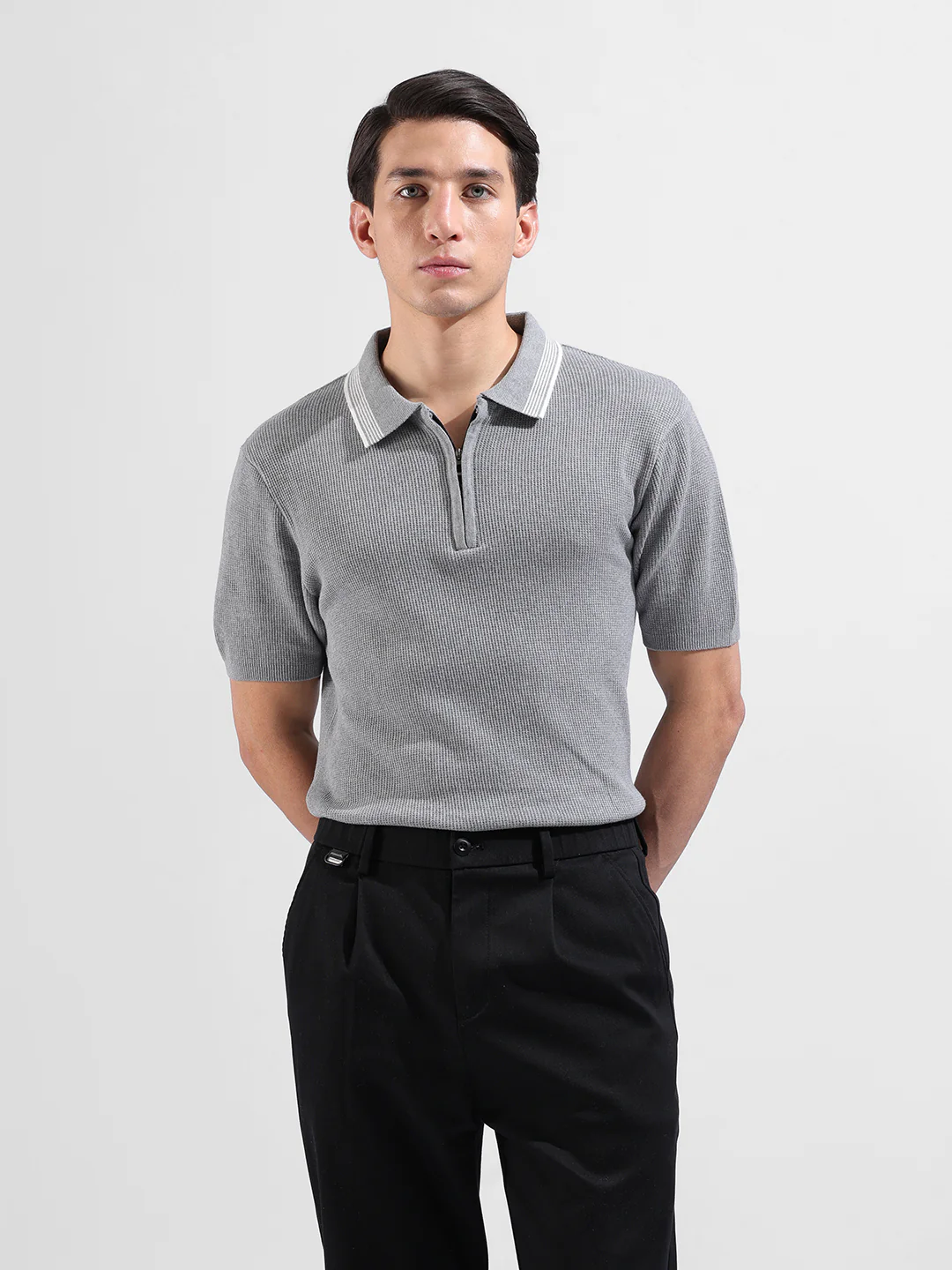 Men's Grey Slim Fit Solid Flat Knit Polo T-Shirt - Image 2