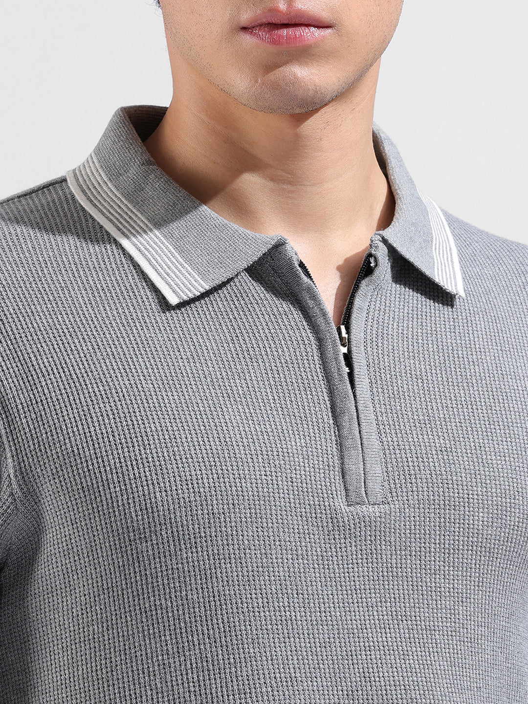 Men's Grey Slim Fit Solid Flat Knit Polo T-Shirt - Image 3