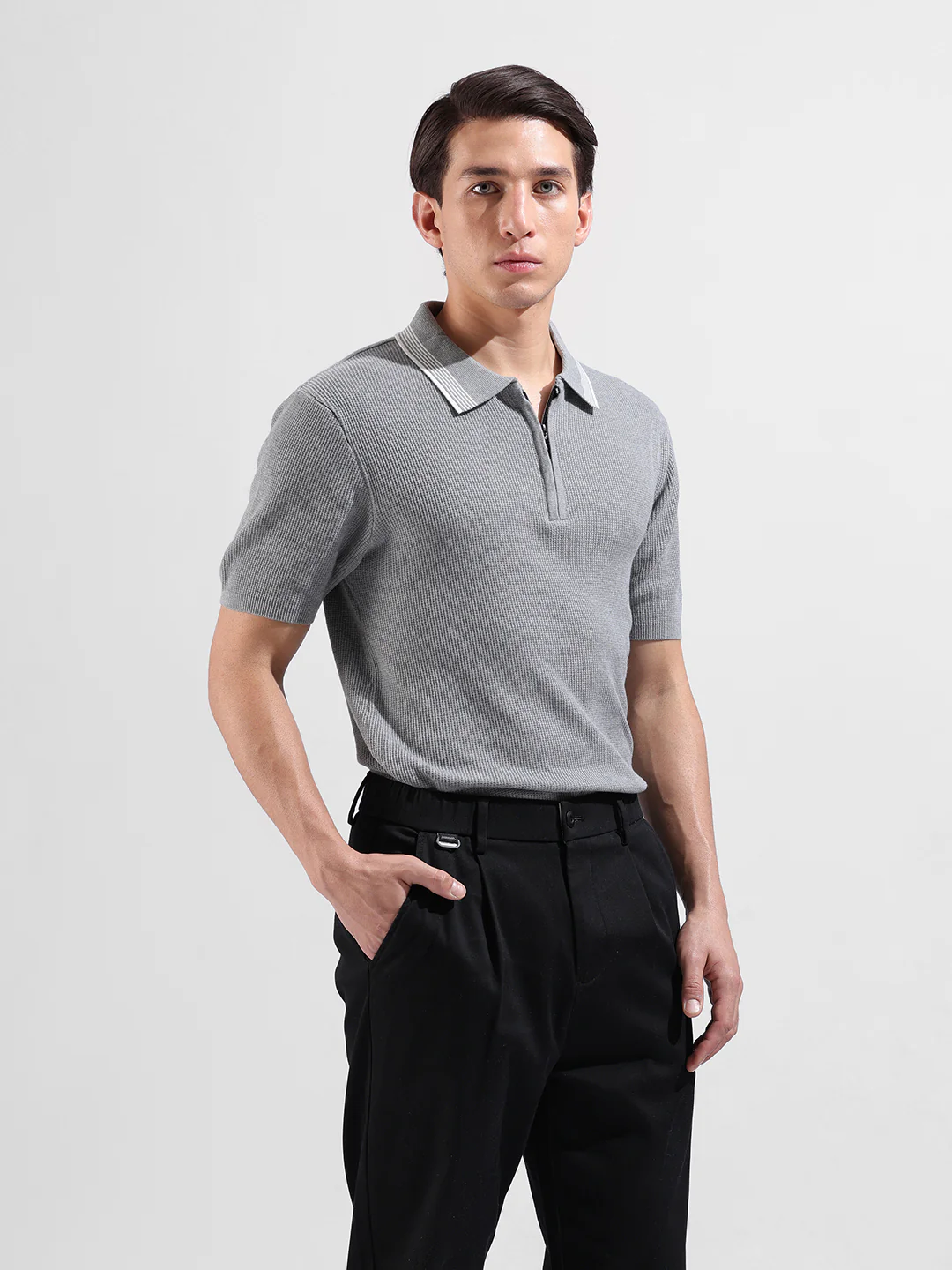 Men's Grey Slim Fit Solid Flat Knit Polo T-Shirt - Image 4