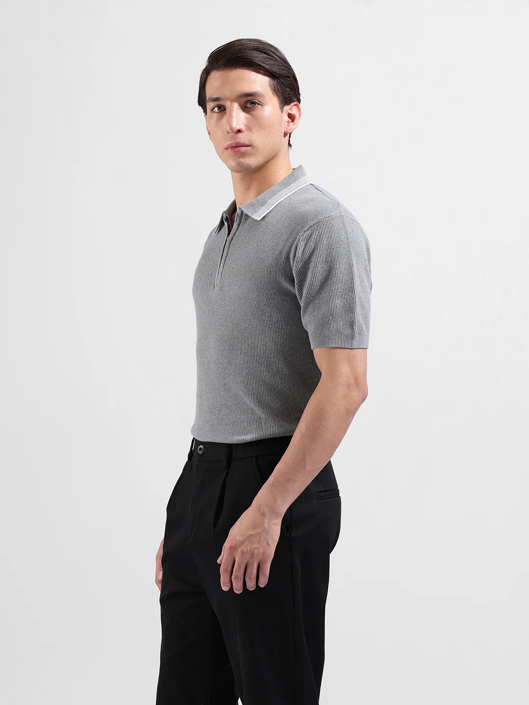Men's Grey Slim Fit Solid Flat Knit Polo T-Shirt - Image 5